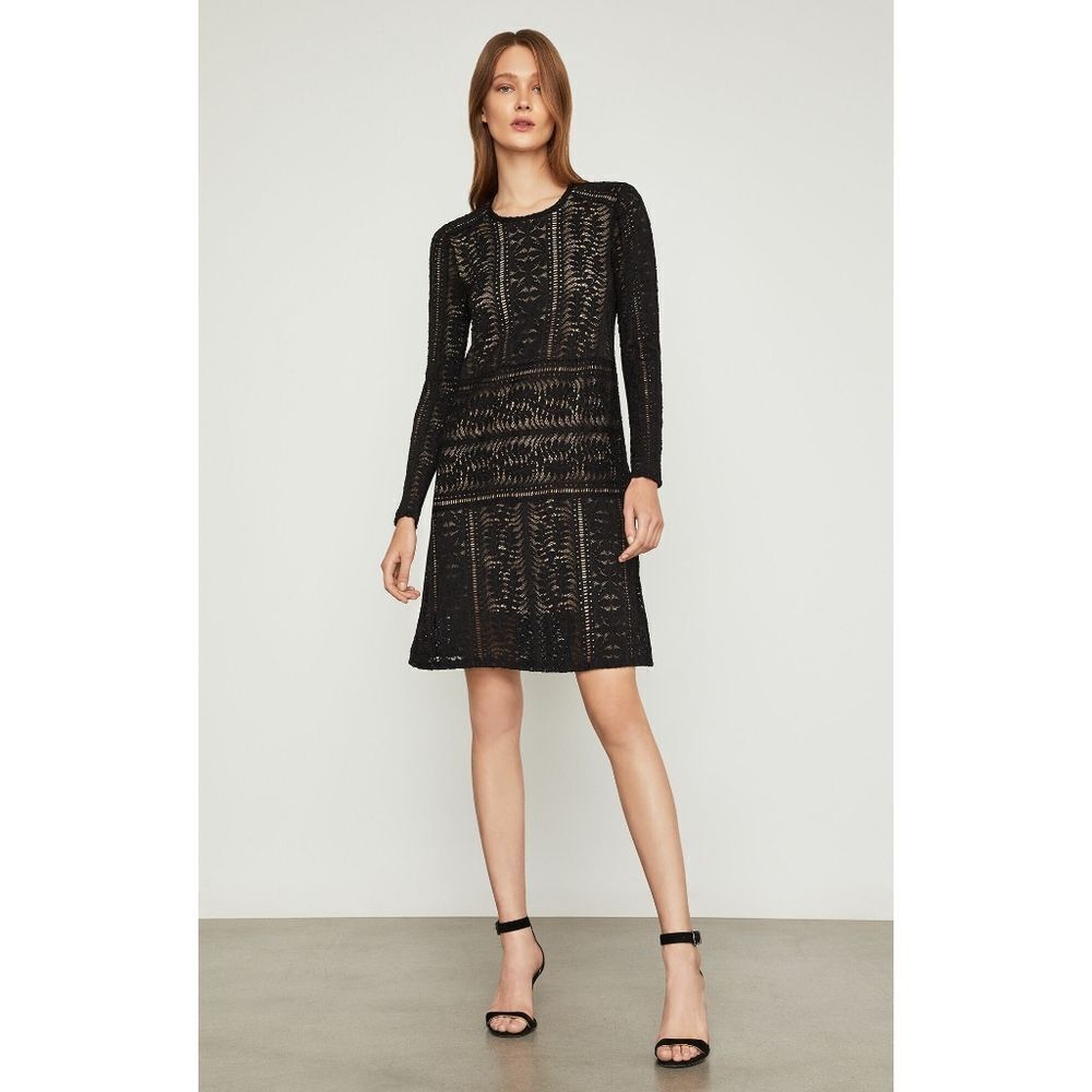 New! BCBGMAXAZRIA Waving Vines Long Sleeve Lace Shift Dress Size XS Black